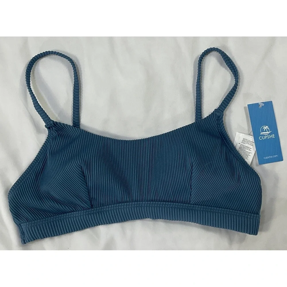 Cupshe Womens Ribbed Bikini Top Blue Polyester Blend Beach Swimwear Size S 437